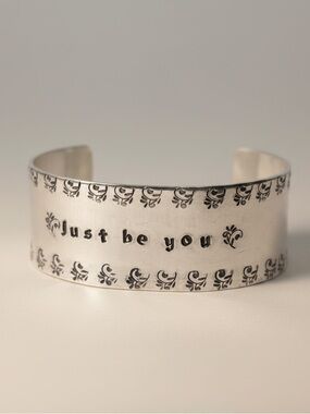 Handmade stamped floral border motivational silver adjustable wide cuff bracelet